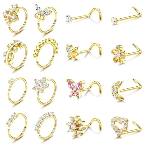 Kakonia 16Pcs Nose Rings for Women Surgical Steel Nose Studs Hoops 20G Nose Hoop Corkscrew L Shaped Nose Stud Gold Silver Nose Ring Nose Piercing Jewelry