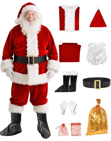Santa Claus Costume for Men Adult - Deluxe 9pc Santa Suit, Velvet Santa Outfit Set for Holiday Parties & Festive Events
