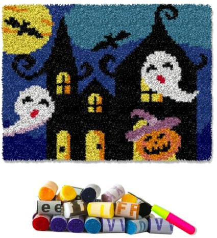 DL-YTG Latch Hook Kits Rug Halloween Haunted House Crochet Yarn Cushion Colour Pre-Printed Canvas Cover Rug Needlework DIY Hook and Latch Kit Christmas Home Decoration 52x38cm/20 X15inch