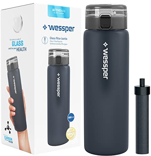 Wessper Botella de Vidrio de Borosilicato, Botella de Agua con Filtro 680 ml, Sin BPA | para el Gimnasio, la Escuela, para Niños y Adultos – Grafito