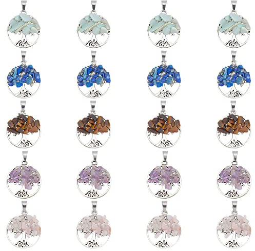 PH PandaHall 20 pezzi Ciondoli Albero della Vita, 5 stili Naturale Misto Chip Pietra Ciondoli Piatto Rotondo con Albero della Vita Pendenti per Collana Orecchini Bracciali Gioielli di Pasqua Estate
