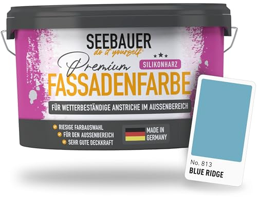 SEEBAUER diy Silikonharz-Fassadenfarbe Blau 2,5L für Außen (No. 813 Blue Ridge) Selbstreinigende Fassadenfarbe mit Lotuseffekt - Geeignet für Putz, Mauerwerk und Beton