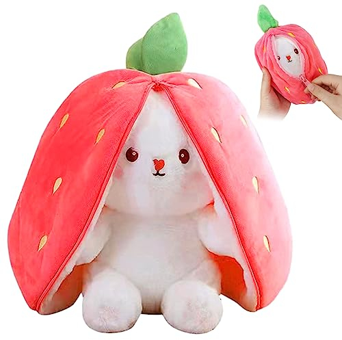 TOGETDREAM Easter Plush Bunny Toy, Soft Plush Toy 25cm Carrot Strawberry Plushies Doll, Cute Cuddly Stuffed Animals Hide And Seek Rabbit Muppet Toys Birthday Gifts for 12+ Years Old Kids (pink)