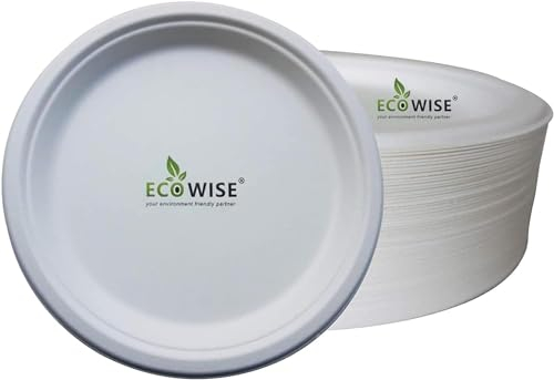 BH | Pack of 100-10 Large Bagasse Plates | White | Eco Friendly | Biodegradable and Compostable | Made of Sugarcane | Ideal for Everyday USE Birthday Party Picnic BBQ Work - by Best House