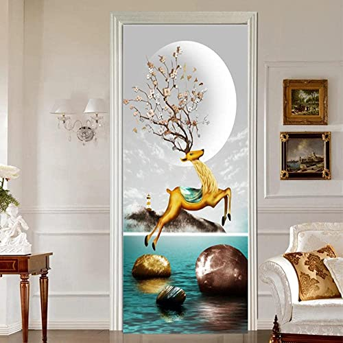 3D Türtapete Selbstklebendtier Elch 90 X 210 Cm Diy Wandbild Pvc Wasserdicht Pvc Türtattoos Türposter Türaufkleber Fototapete Türfolie Für Tür,Wohnzimmer,Schlafzimmer,Küche Toilette
