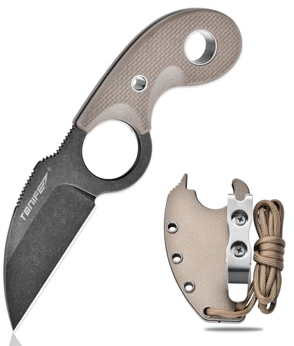TONIFE Crescent Neck Knife Outdoor Messer Feststehende Klinge aus 8Cr14MoV-Stahl mit Scheide Lanyard und Clip Full Tang Messer Überlebensmesser (Warmer Sand+Schwarz Oxid dann Stonewash)