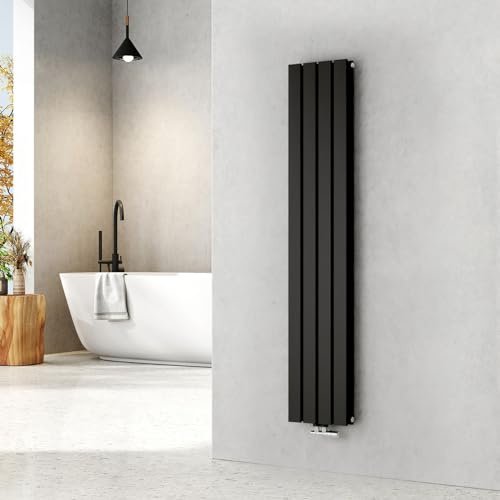 EMKE Heizkörper Schmal Hoch 1600x304 mm Doppellagig Schwarz 966W | Vertikal Flachheizkörper mit Mittelanschluss, Paneelheizkörper Wandheizkörper für Bad, Wohnzimmer & Schlafzimmer