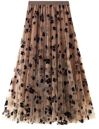 Floral Skirts for Women Midi Length High Waisted A Line Cute Teens Mesh Tutu Fairy Pleated Layered Tulle Skirt(Khaki, One Size)