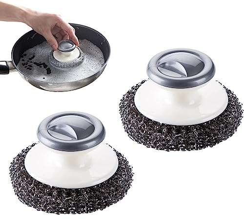 Garzenth 2pcs Stainless Steel Wool Scrubber with Handle, Heavy Duty Dish Scrubber Scourer Pot Scrubbers Scrubbing Brushes for Pots, Pans, Grills, Dishes(size:2pcs)