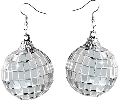1 Paar Discokugel Ohrringe Damen Spiegelkugel Ohrringe Silber Modeschmuck Ohrringe Disco Zubehör Ohrringe Hängend Mädchen Disco Ohrringe Glitzer Halloween Statement Ohrringe (Silver-2, One Size)