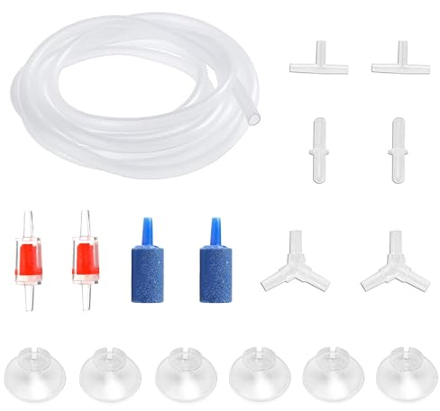 DeKago Aquarium-Luftpumpen-Zubehör-Set mit Standard-Luftschlauch, Luftsteinen, Rückschlagventilen, Saugnäpfen und Anschlüssen für Aquarien