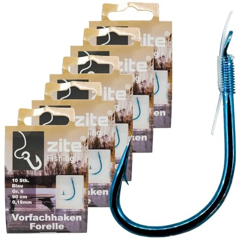 Zite Fishing Vorfach-Haken Forelle Gebunden – Größe 6-10 Angelhaken mit Vorfach-Schnur – Forellenhaken Blau mit Angelschnur (5X 6)