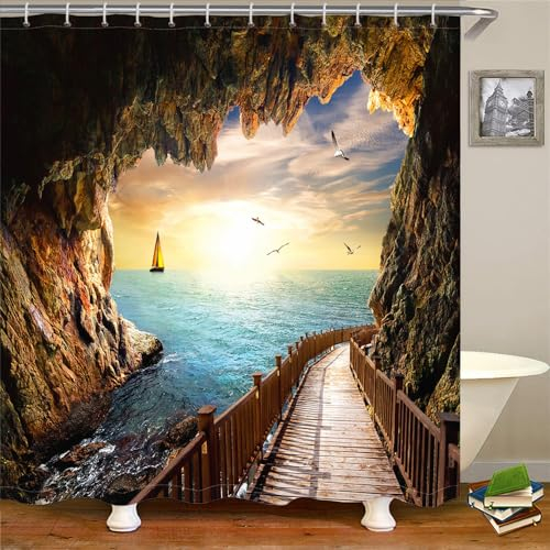 Duschvorhang Braun Gelb Blau Duschvorhang Stoff Polyester Badevorhang Duschvorhang Wasserdicht Antischimmel Shower Curtains mit 12 Duschvorhangringen Duschvorhang Badewanne 200x220cm