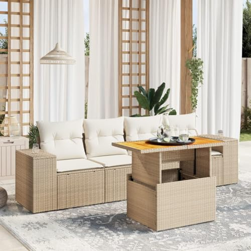 Homgoday 5-TLG. Gartenlounge Set Gartenmöbel Loungemöbel Gartensofa Sitzgruppe Lounge Balkonmobelset Eck Terrassenmöbel Ecksofa Sofa mit Gartentisch Höhenverstellbar Beige Poly Rattan