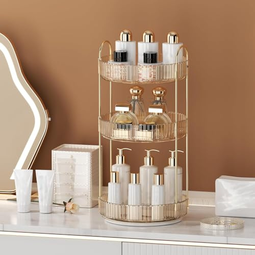LEIKOSUP Make Up Kosmetik Organizer, 360° Drehbar Große Kapazität Kosmetik Organizer, Multifunktionaler Kosmetik Aufbewahrung für Kommode Schminktisch Schlafzimmer Badezimmer, 3 Stöckige, Bernstein