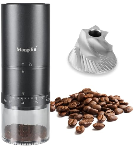 Mongdio Portable Electric Coffee Bean Grinder with 38 Adjustable Settings, Electric Burr Coffee Grinder Stainless Steel Core, For Traveling, Camping, Office, Black