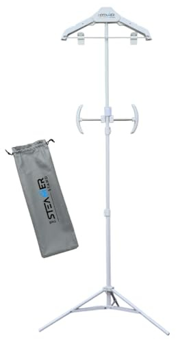 The Steamer Stand Deluxe | Adjustable Standing Garment Steaming Rack with Hanger | Fast, Foldable, Portable Clothes Steam Ironing Solution for Travel & Home