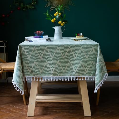 Abwaschbar Tischdecke 140x300 cm, Grün Tischtuch Leinenoptik Lotuseffekt Rechteckig Jacquard Tischwäsche mit Quasten für Küchentisch und Outdoor