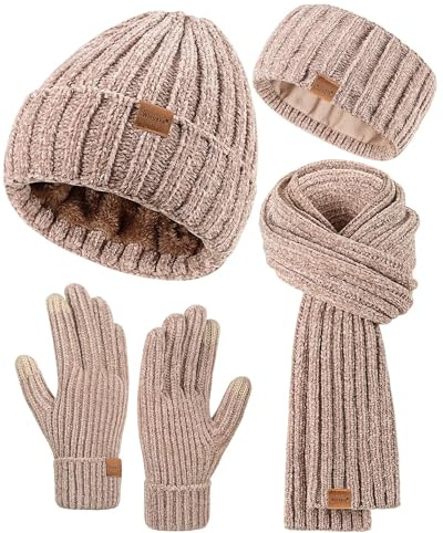Winuesa Stirnband, Mütze, Schal & Handschuh-Sets für Damen, Chenille Beanie Mütze Mit Fleece Gefüttert Ohrenwärmer Stricken Schal Touchscreen Handschuhe Warm 4-in-1 Geschenk Set（Haferflocken）