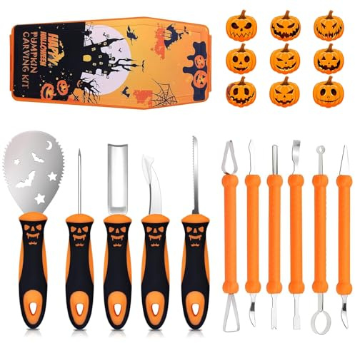 Kürbis Schnitzset,11 Stück Kürbis Schnitz Set für Halloween,Schnitzmesser für Kinder und Erwachsene,Werkzeuge zum Aushöhlen von Kürbissen,Edelstahl Kürbis Schnitzwerkzeug,Sargförmige Aufbewahrungsbox