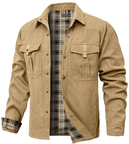 Zaitun Giacca da uomo in flanella foderata, giacca a quadretti con fodera spazzolata, camicia giacca outdoor cowboy western in twill, cachi, S