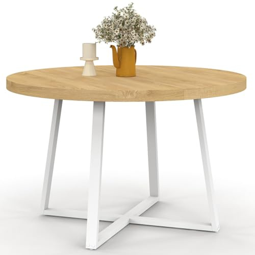 IDMarket - Table à Manger Fixe Ronde Selma 110 cm Bois et Blanc 6 Personnes
