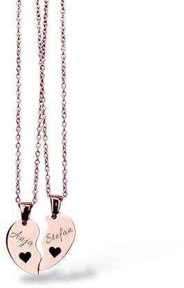 Herz Halskette für Paare mit Gravur | personalisiert mit Name, Datum, Spruch | Damen, Herren, Freundin, Verliebte | Kette verstellbar 45 cm, wasserfest mit Rückseite