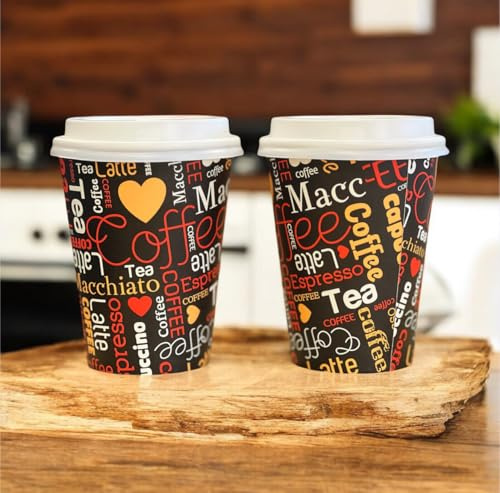 HOT BARGAINS 1000 x 12oz/ 360ml Single Wall Brown Printed Paper Cups with lids for Hot & Cold Drinks Premium Disposable Coffee/Tea Paper Cups Perfect for Your Home, Café (1000, 12oz/ 360ml)