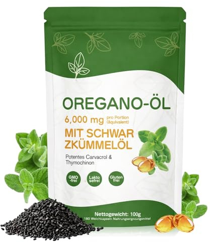 Oregano Öl Kapseln 6000 mg – 180 Softgels – 2-in-1 Oregano & Schwarzkümmelöl Kapseln – Oil of Oregano, Vegan, GMO-, Laktose- & Glutenfrei – Unterstützt Immunsystem – Einfache 2-Kapsel-Tagesdosis