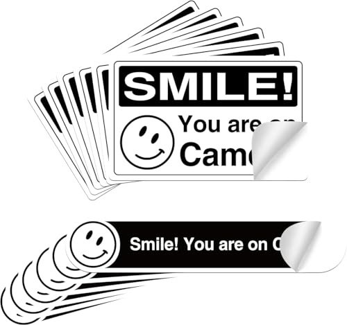 STNRST-IN 12PCS Smile! You Are On Camera Stickers, Vinyl Mini Black White Coated Warning Stickers, Self Adhesive Waterproof CCTV Sign for Restaurants Home Supermarkets Shop Office