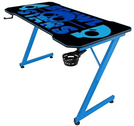 SUBSONIC Scrivania da Gaming Ergonomica con Tappetino Mouse XXL Brawl Stars, Finitura in Carbonio, 120x60 cm, Piano Nero e Base Blu, Porta Bicchiere e Cuffie