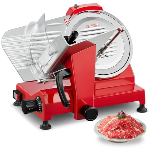 FOHERE Allesschneider Elektrische Aufschnittmaschine Max 300 W, Klinge 25 cm, Integrierter Schärfer, 0–12 mm Einstellbare Dicke für Fleisch, Käse usw, Rot