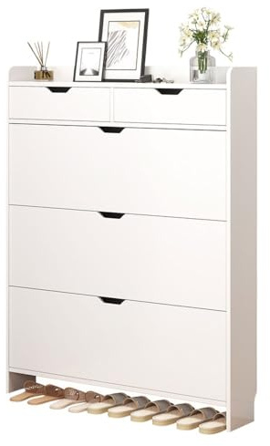 Skor förvaring 3 hyllor, smal fällskåp med 2 lådor, fristående skoorganisatör för entré och vardagsrum (vit, 80 x 17 x 125 cm)