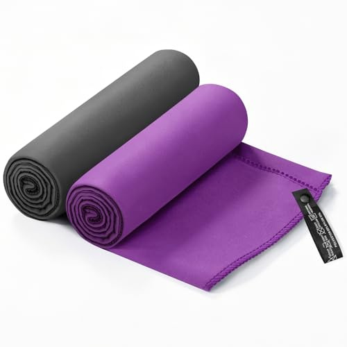 Mikrofaser Handtuch 2er Set(40x80cm): Kompakte Microfaser Handtücher, Schnelltrocknend & Leicht Sporthandtuch, ideal als Badetuch, Strandtuch, Fitnessstudio, Reisehandtuch (Lila + Dunkelgrau)