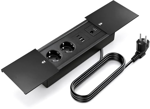 Aluminium Enchufe de Mesa Empotrable, Salida de Enchufe Retráctil con 2 Enchufes, 2 Puertos USB y Tipo C+HDMI+Cat 6, 250V/16A Regleta Empotrable para Escritorios, Mesas de Trabajo, Mesas de Comedor