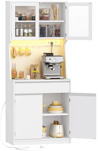 Hzuaneri Aparador Cocina, Armario de Cocina, Armario de Almacenamiento, con Regleta de Enchufes y Tira de Luz LED, Encimera y 4 Armarios de Almacenaje, Estantes Regulables, 40x75x180cm, Blanco