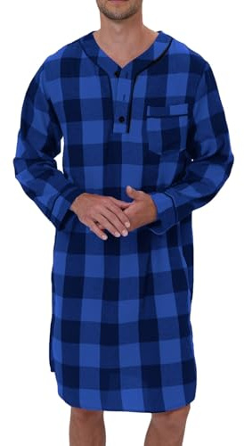 Générique Pyjama Chemise de Nuit Homme Manches Longues Flanelle mélangée imprimé écossais avec Poches Confortables d'intérieur vêtement Chaud literie Nuit Chaude (Blue, L)