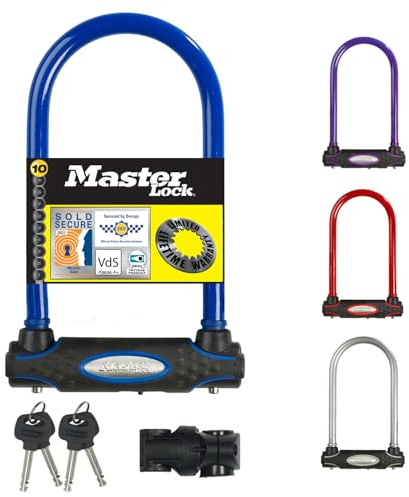 MASTER LOCK Bügelschloss [Schlüsselschloss] [mit Halterung] [Zertifiziertes Fahrrad Schloss - Secure-Gold-Zertifikat][Blau] [Silber, Rot, Blau oder Lila] 8195EURDPROCOL - Ideal für Fahrräder
