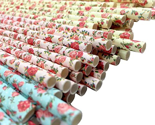 75-Pack Eco-Friendly Biodegradable Paper Straws - Vintage Rose & Floral Design in Pink, Blue, Yellow - Disposable Straws for Parties By JPACO