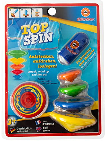 GÜNTHER FLUGSPIELE 1560 - Kreisel Top Spin, ca. 4-8 cm, Geschicklichkeitsspiel mit 5 stapelbaren Kreiseln, für Kinder ab 3 Jahren, inkl. Starter