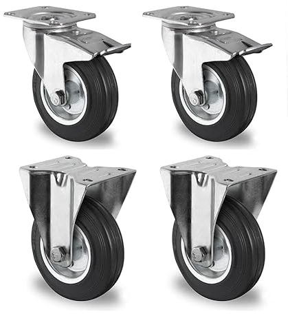 Rollensatz 2 Lenkrollen mit Feststeller + 2 Bockrollen 80 mm Vollgummi schwarz mit Stahlfelge