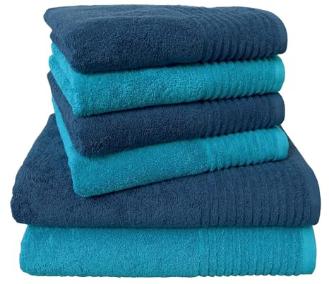 Dyckhoff Handtuchset Brillant, 6-teilig, 100% Baumwolle, blau-türkis | 2 Badetücher 70x140cm, 4 Handtücher 50x100cm, hochwertige Qualität für Ihr Badezimmer
