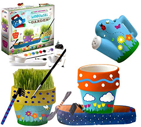 Paint & Grow Your Own Windowsill Garden Ceramic Flower Pot Real Grass Garden Tools Play Set Art Toy