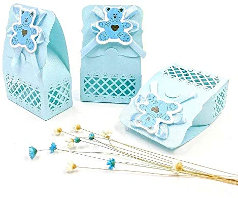 JZK 24 x Azul Baby Shower Cajas Botella Favor cajitas Regalo Bolsa Dulce para Bebe niños Bautizo Bautismo Boda cumpleaños Navidad Fiesta