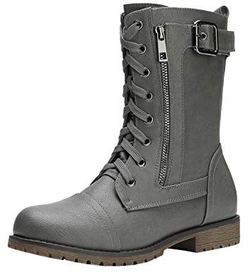 DREAM PAIRS Women's Mid Calf Built-in Wallet Pocket Lace up Military Combat Boots,Size 7.5,All Grey,MISSION