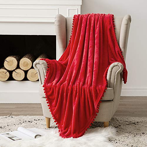 MIULEE Plaid Couverture Polaire en Flanelle Velours 1 Pièce Moelleux Douce Chaude Fourrure avec Pompom pour Lit Canapé Chambre Balcon Voyages Bébé Feuteille 125X150CM Rouge