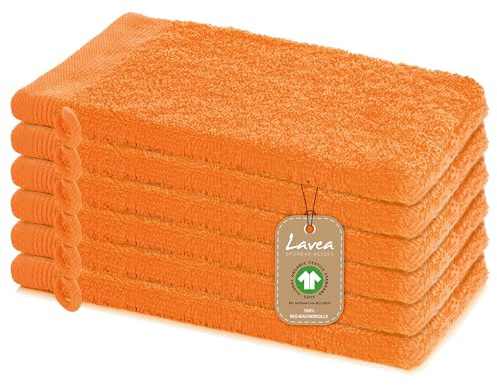 Lavea® 2er Set Waschhandschuh 16x22 cm – Orange | 100% Baumwolle, weicher Frottee Waschlappen, saugstark, hautfreundlich, waschbar und strapazierfähig – Frottierserie Bali
