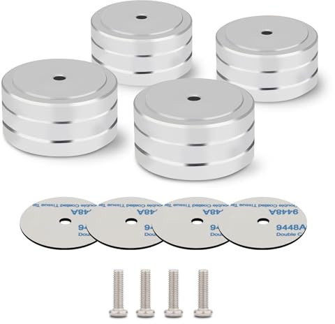 Monosaudio Isolation Feet 4Pcs 40x20mm Aluminum Universal Turntable Feet with Non-Slip Rubber Rings No Need Adhesive for Audio,Speakers,Subwoofers,Home Theater,Turntable,DAC(Silver Color)