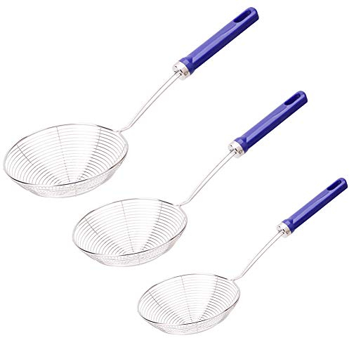 SRTYZ 3PCS Espumadera Alambre de Acero Inoxidable Cucharon de Malla con Manija Cocina Araña Colador Mango para Evitar Salpicaduras Freír Alimentos Pastas Espaguetis y Fideos 4,75,56,3, Plateado