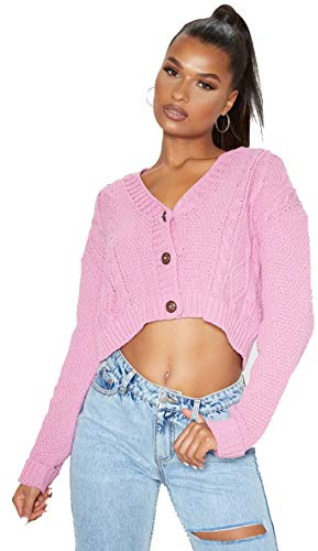 Crazy Girls Women's Ladies Long Sleeve 3 Button Cropped Chunky Aran Cable Knitted Grandad Cardigan (8-10, Baby Pink)